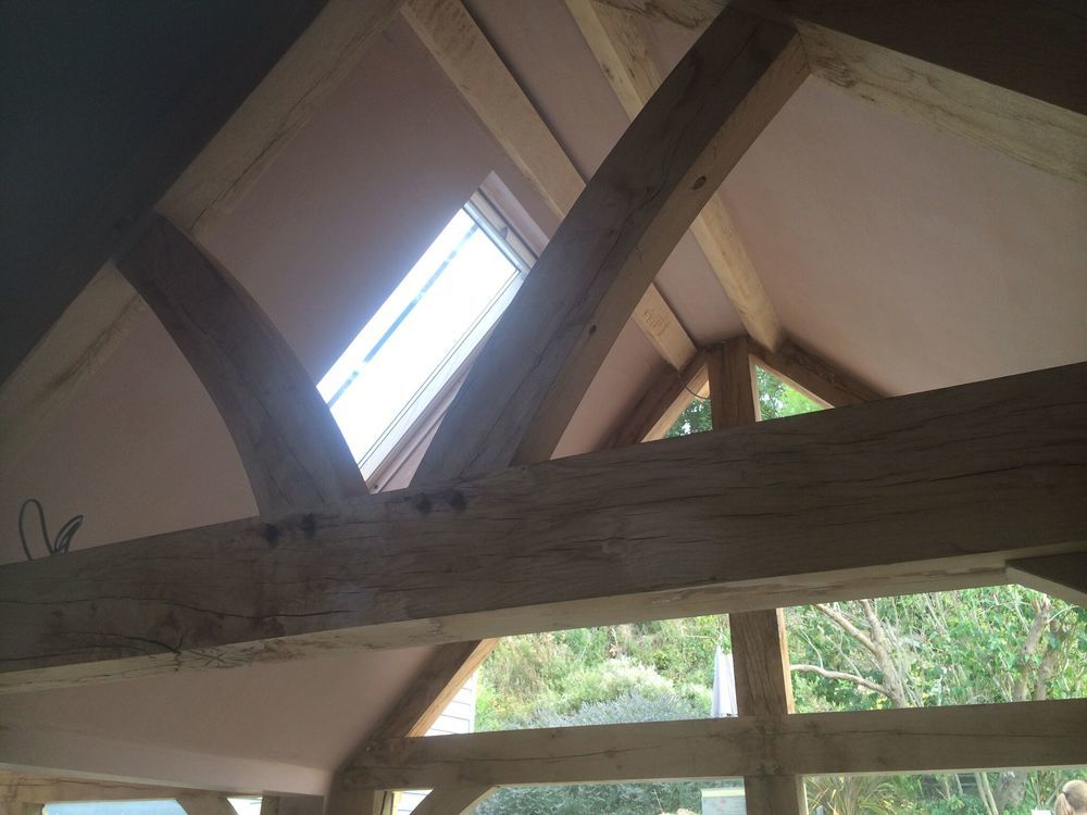 Barn conversion ceiling plastered by P3 Plastering around exposed oak beams