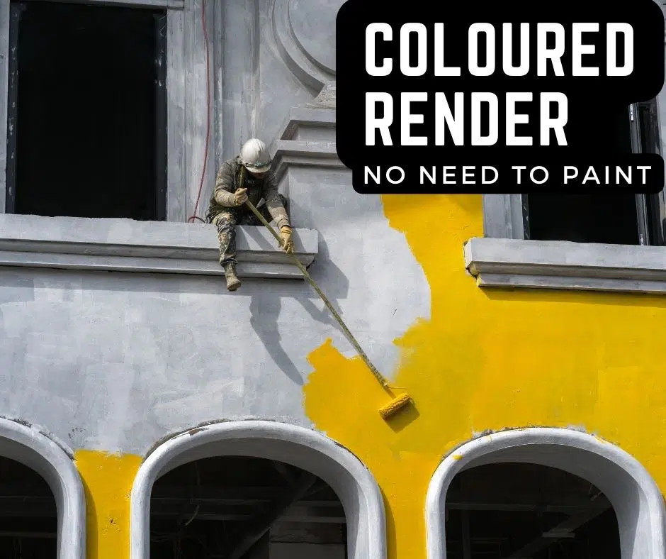 A worker applying bright yellow paint to a a rendered property