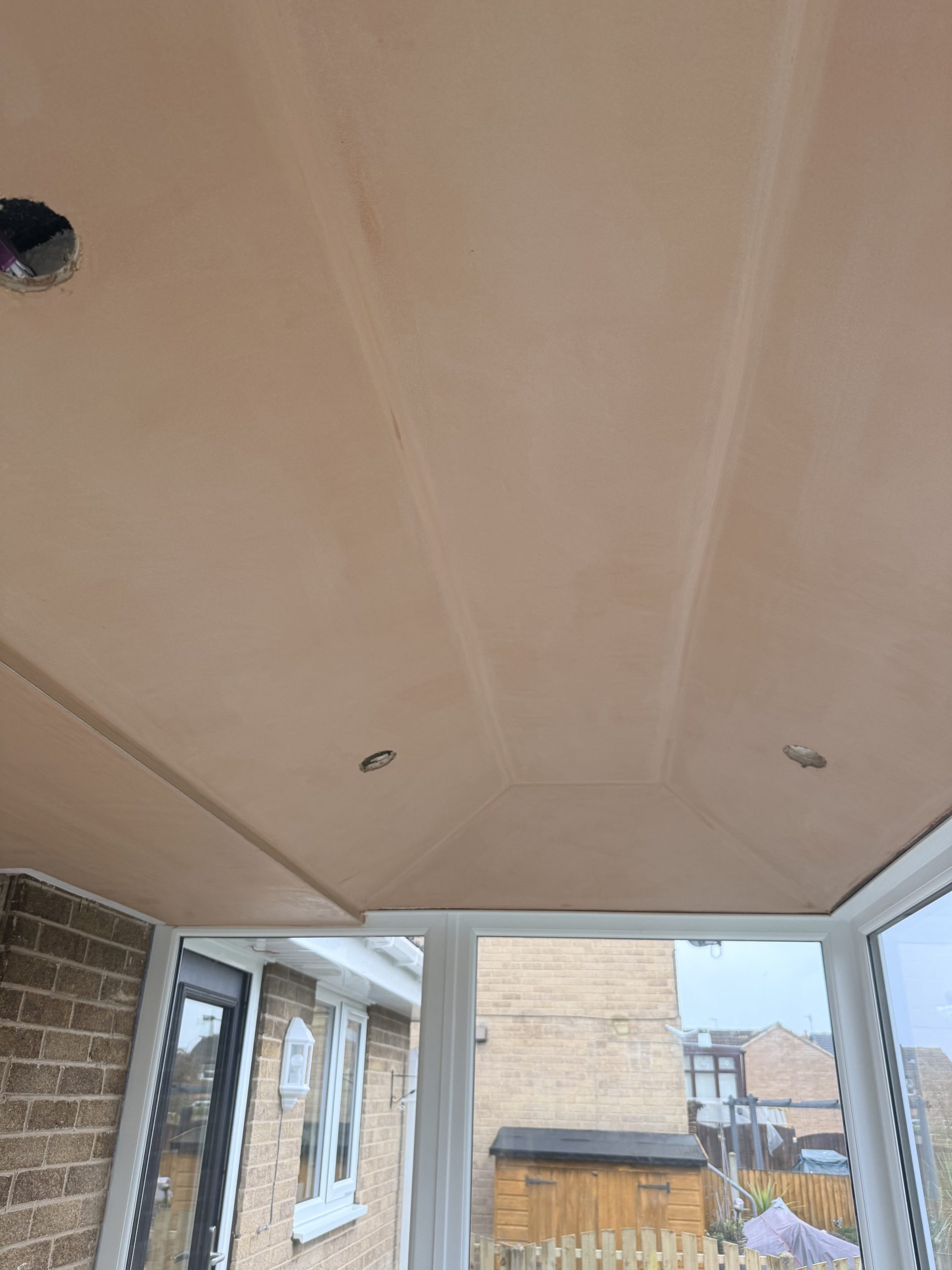 Newly plastered insulated conservatory ceiling by P3 Plastering