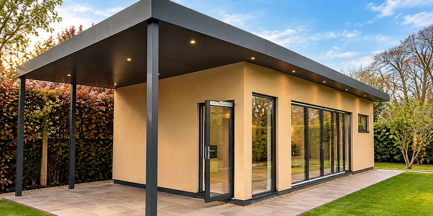 Modern Rendered Garden Room at Dusk