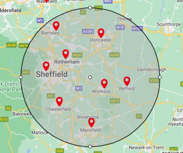 Map showing P3 Plastering service area across Sheffield and surrounding South Yorkshire