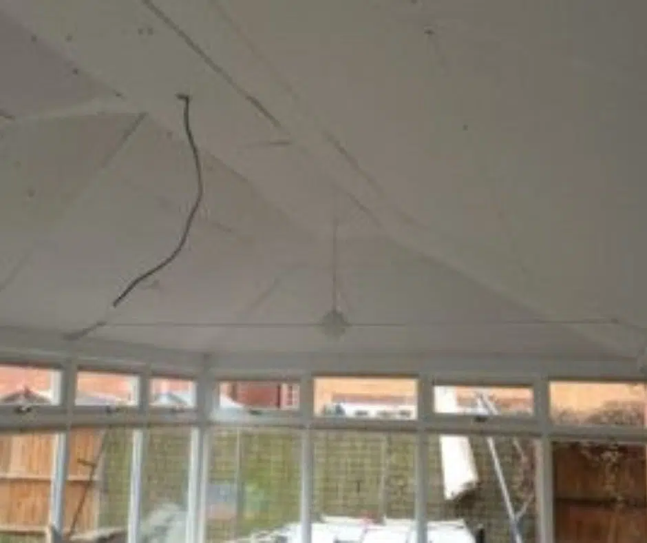 Conservatory roof being plasterboarded ready for plastering by P3 Plastering