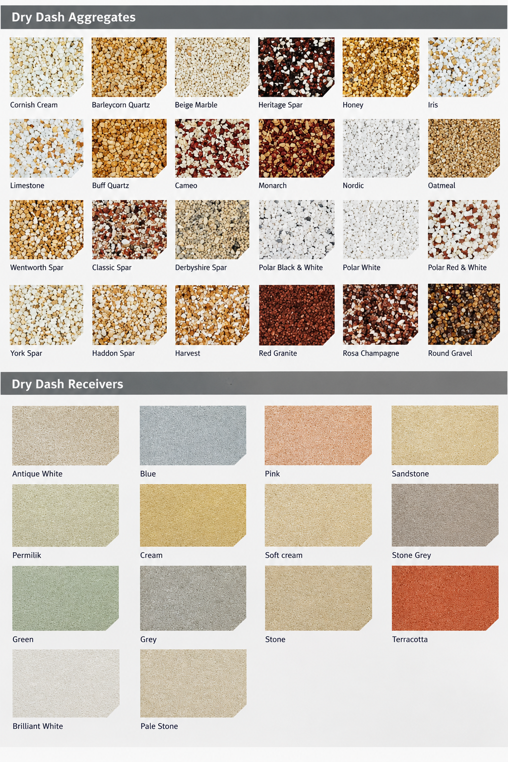 Examples of decorative aggregates and receiver colours for dry dash render