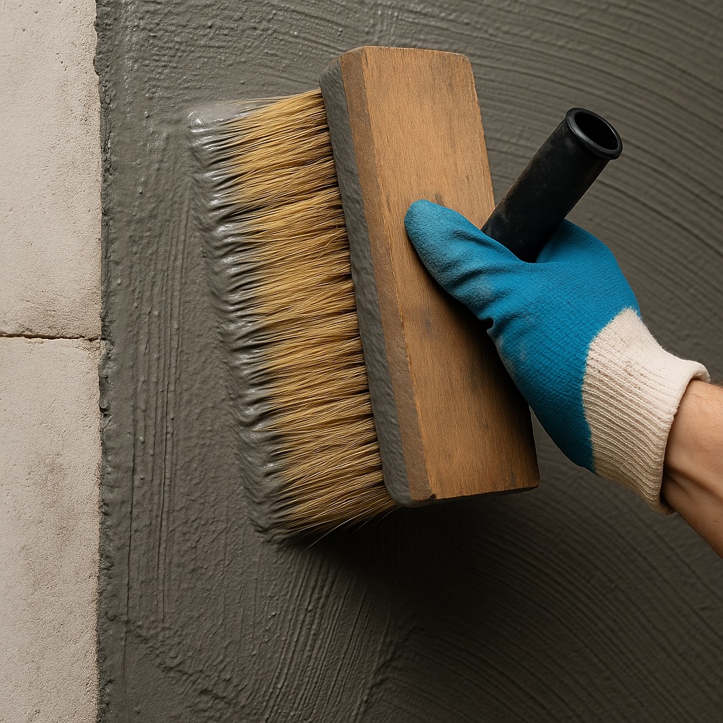illustrative image of waterproof tanking treatment being applied to a basement wall.