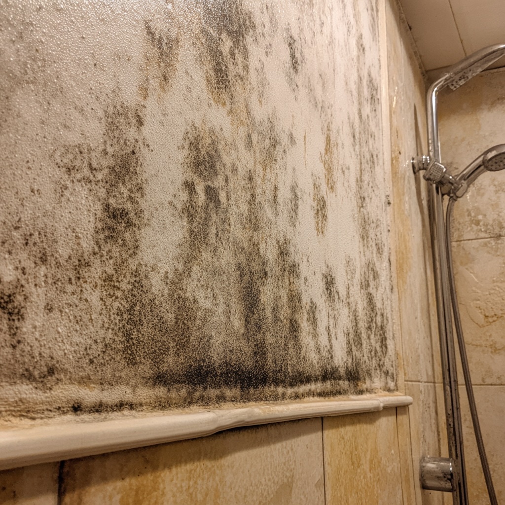 Extensive black mould and damp staining on a bathroom wall above the shower tiles