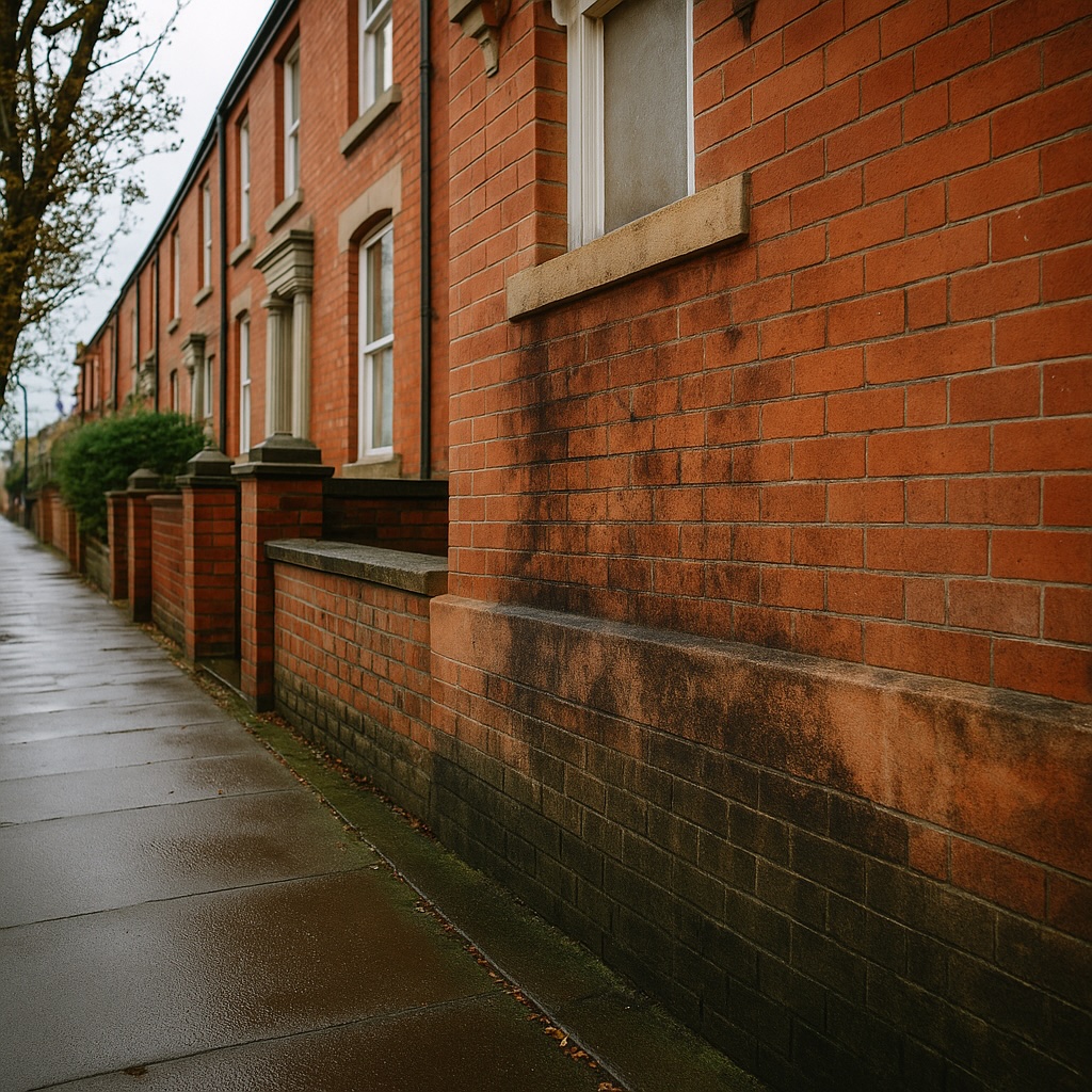 Damp staining and discolouration on the external brickwork of a residential property