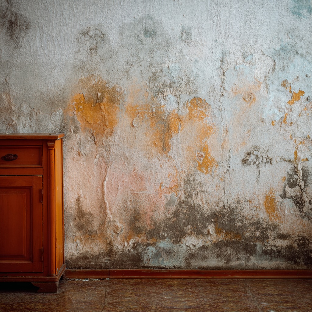 Internal wall showing extensive damp staining, discolouration, mould growth and deteriorating plaster caused by moisture damage