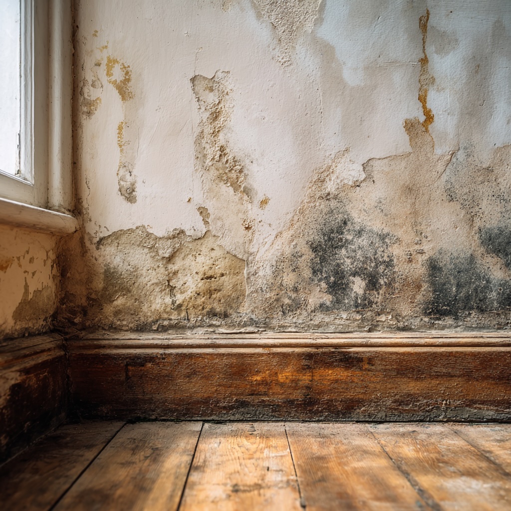 Damaged plaster and damp staining at the base of an internal wall