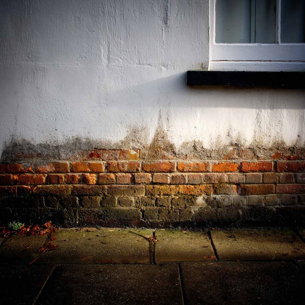 Damp staining and deteriorating render at the base of an external brick wall, illustrating signs of moisture damage